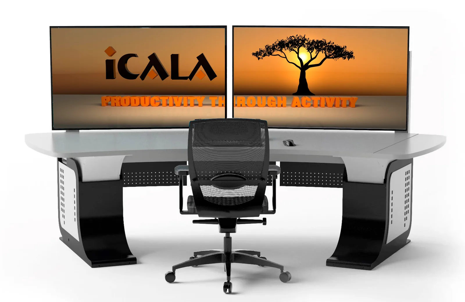 ICALA control desk with two monitors showing the ICALA logo and the tagline Productivity through Activity